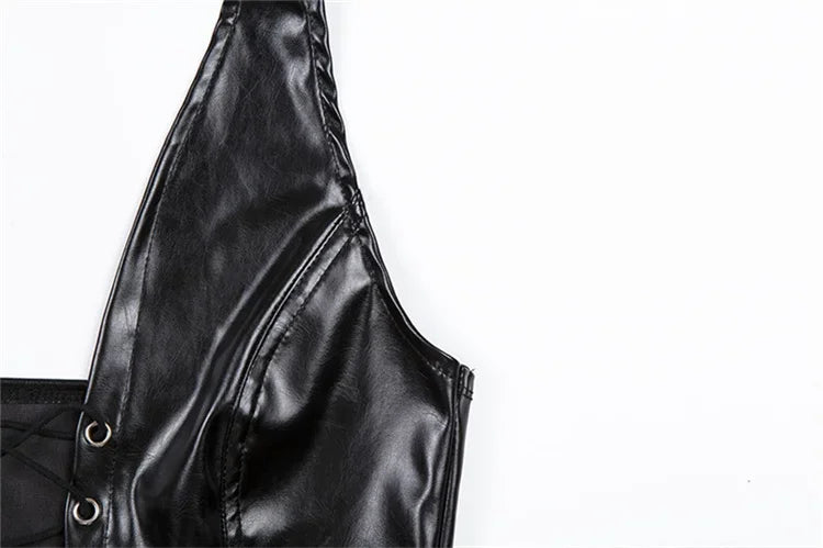 PU Leather Rope Strap Hollow-Out Crop Top