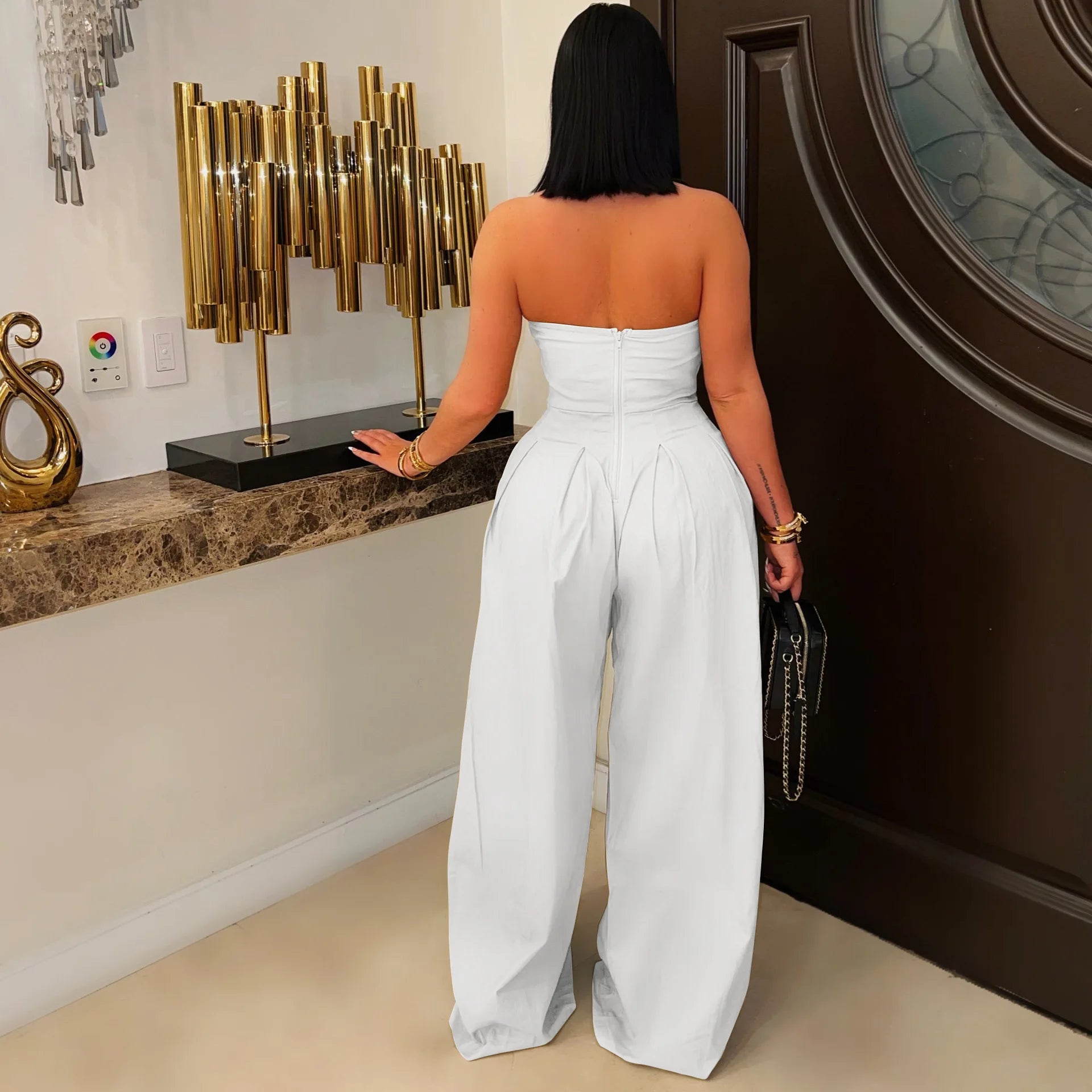 FAGADOER Strapless Patchwork Wide-Leg Jumpsuit