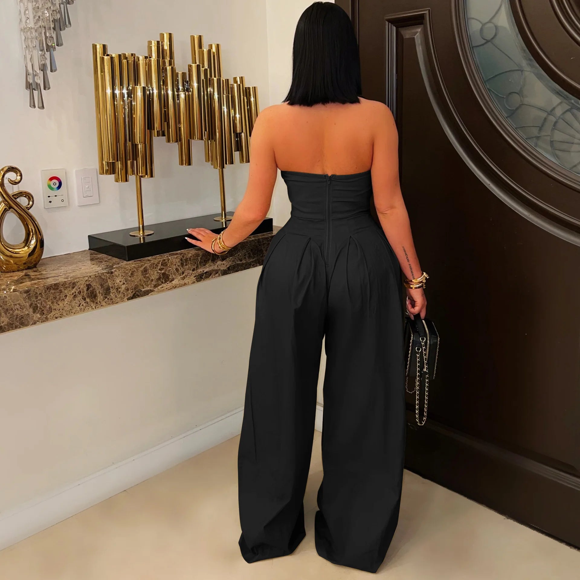 FAGADOER Strapless Patchwork Wide-Leg Jumpsuit