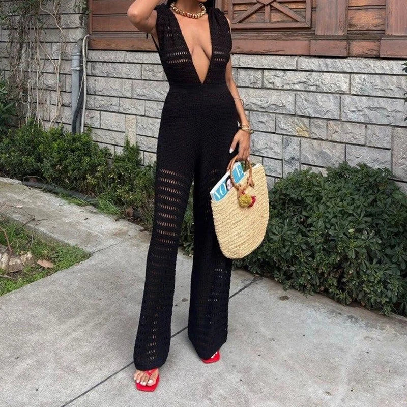 Elegant Knit V-Neck Backless Beach Romper