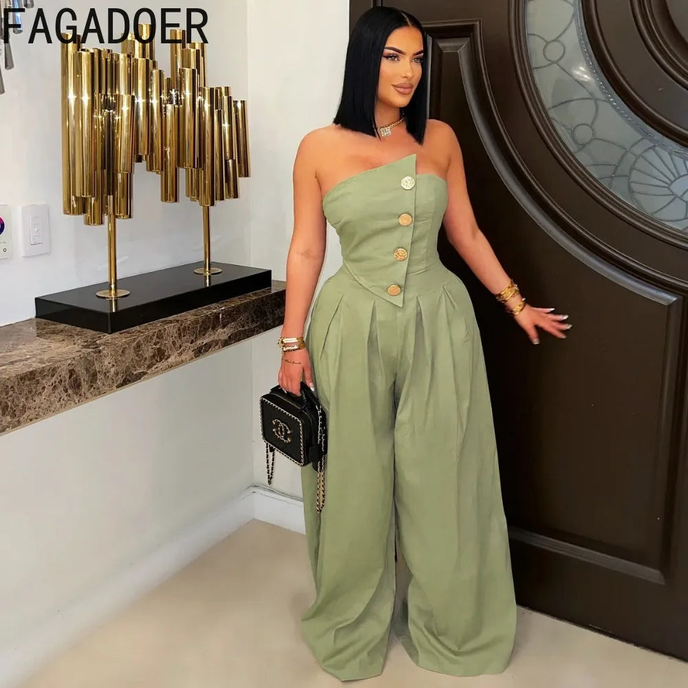 FAGADOER Strapless Patchwork Wide-Leg Jumpsuit