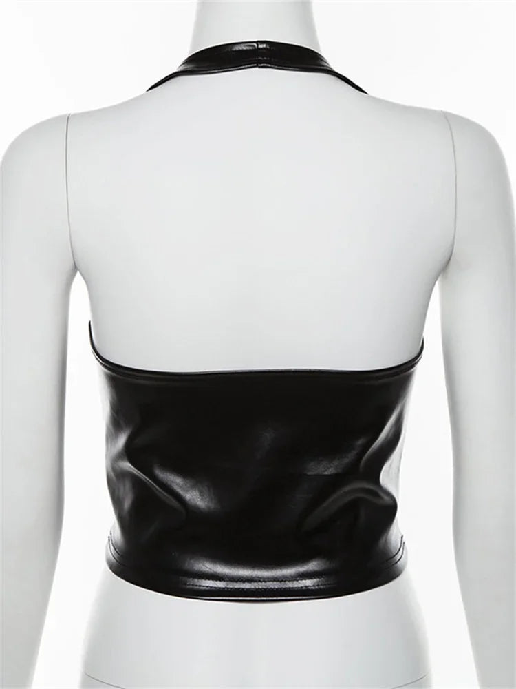 PU Leather Rope Strap Hollow-Out Crop Top