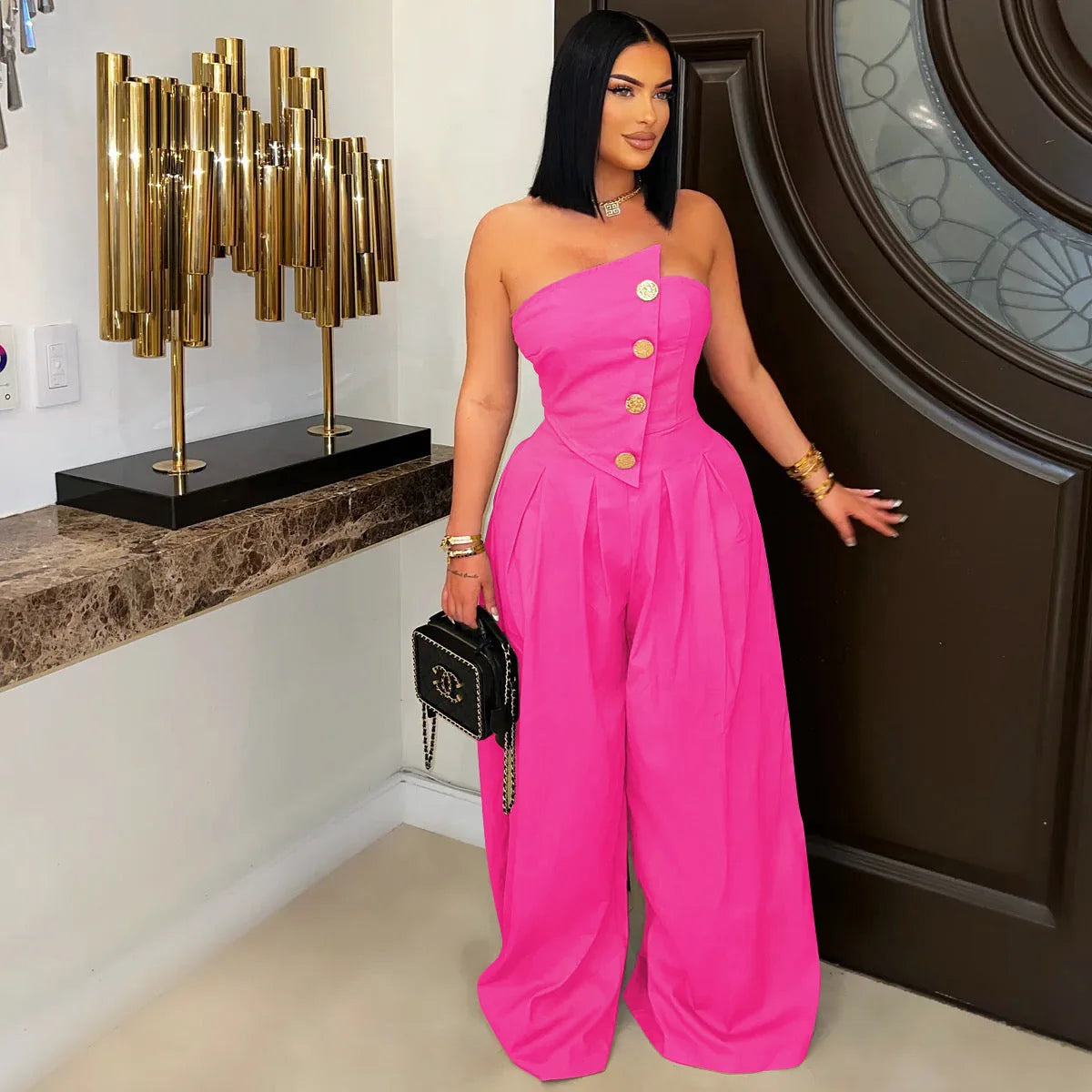 FAGADOER Strapless Patchwork Wide-Leg Jumpsuit