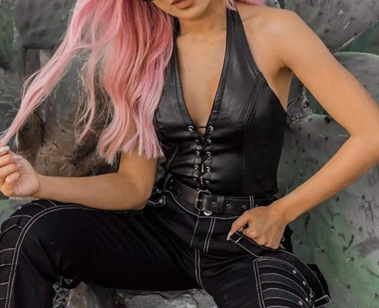 PU Leather Rope Strap Hollow-Out Crop Top