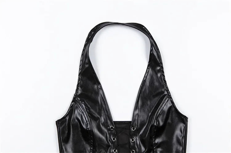 PU Leather Rope Strap Hollow-Out Crop Top