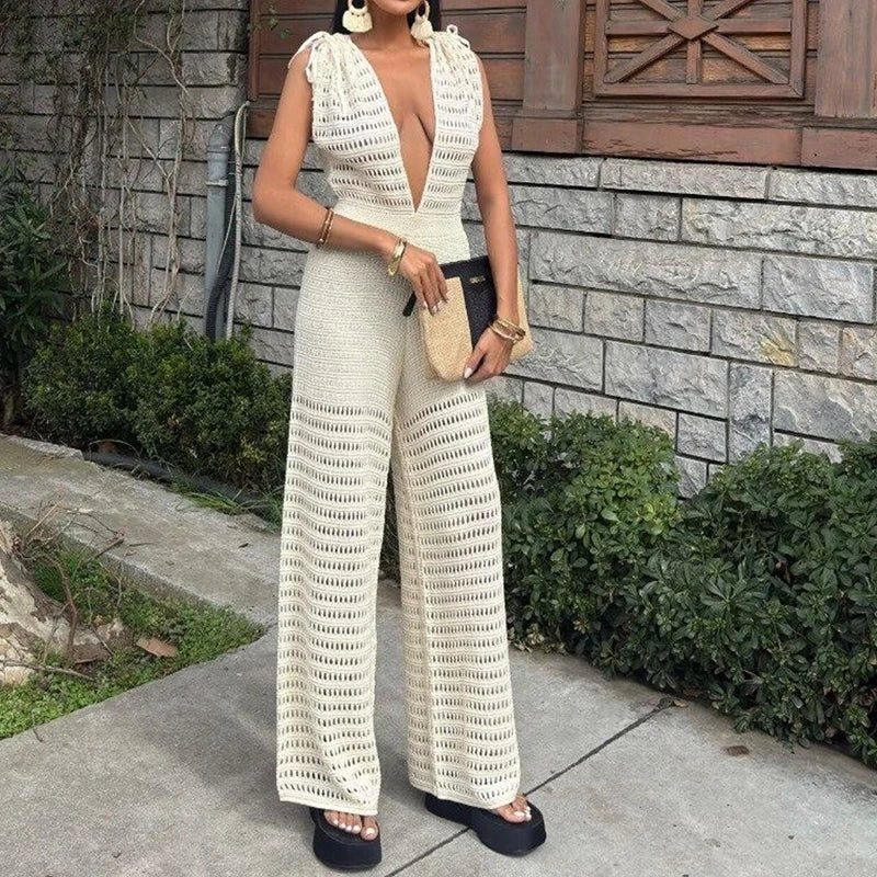 Elegant Knit V-Neck Backless Beach Romper