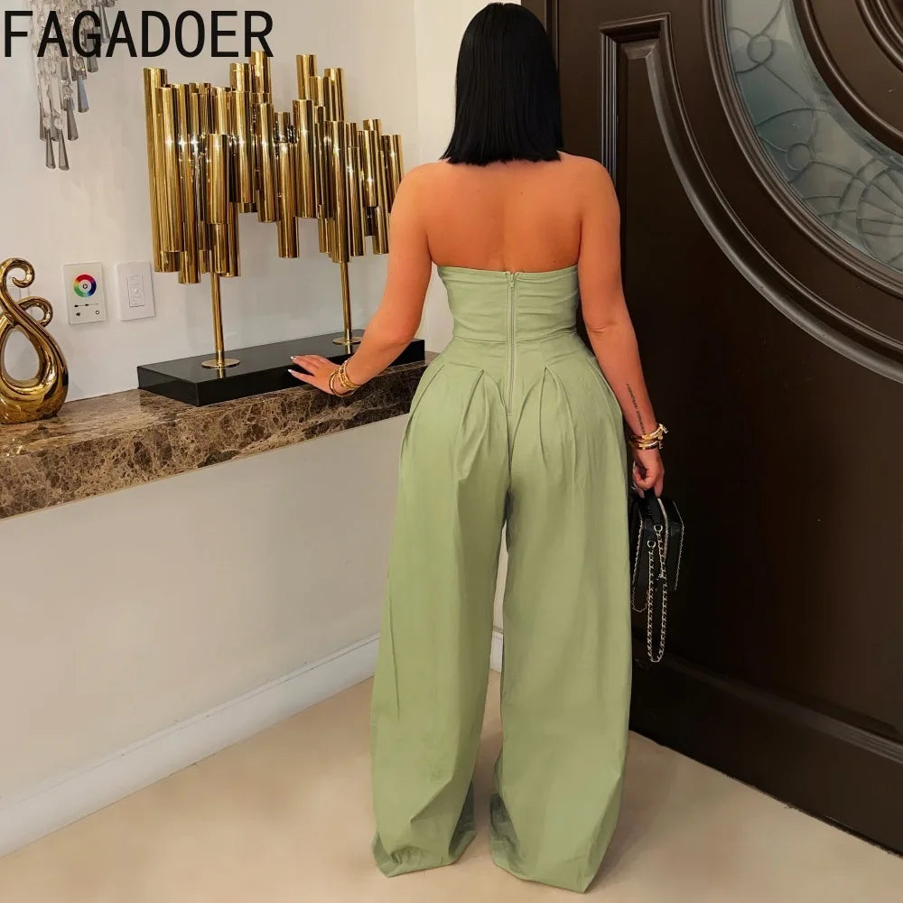 FAGADOER Strapless Patchwork Wide-Leg Jumpsuit