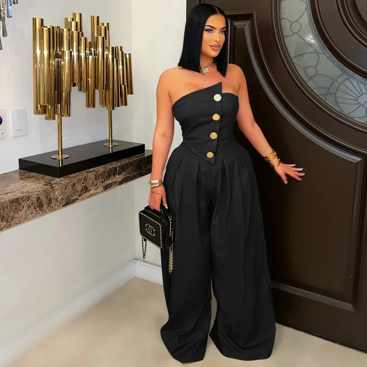 FAGADOER Strapless Patchwork Wide-Leg Jumpsuit