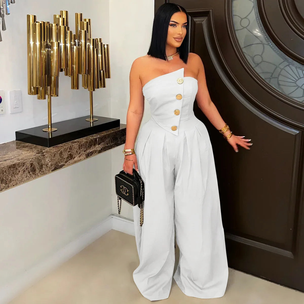 FAGADOER Strapless Patchwork Wide-Leg Jumpsuit