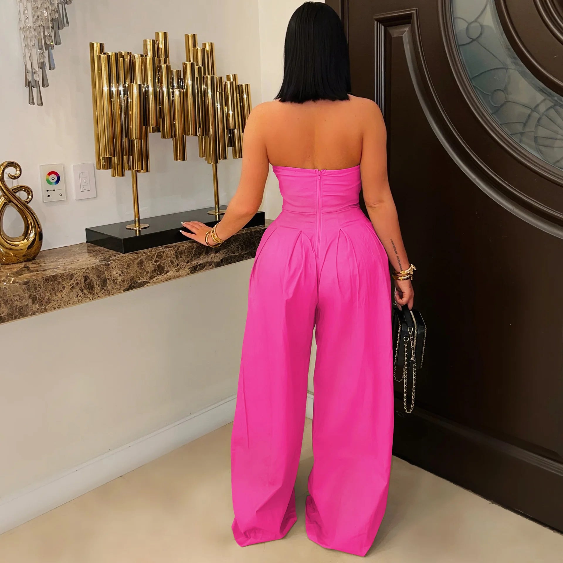 FAGADOER Strapless Patchwork Wide-Leg Jumpsuit