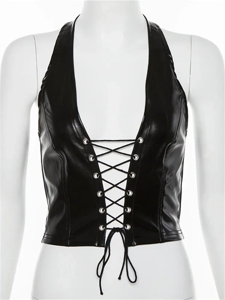 PU Leather Rope Strap Hollow-Out Crop Top