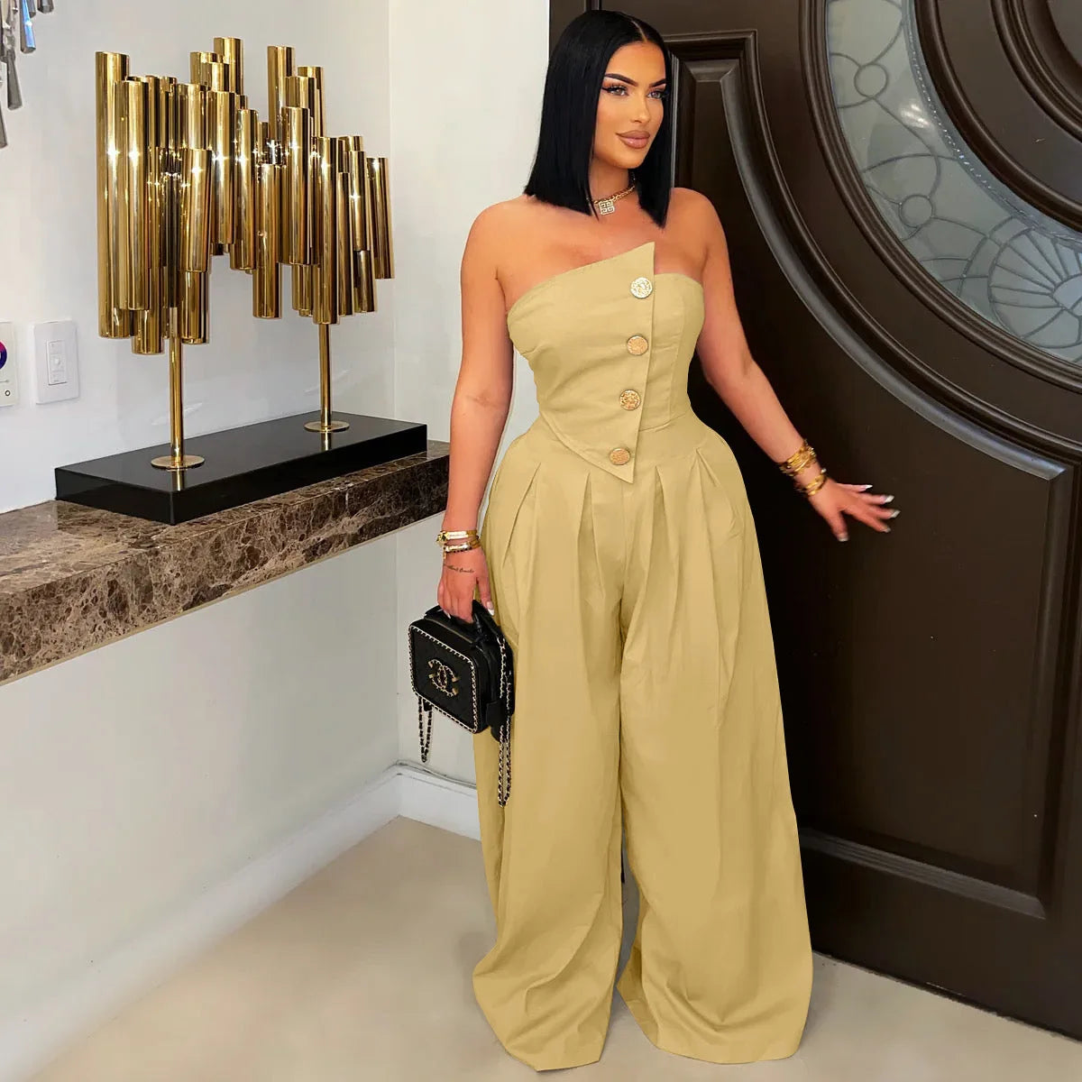 FAGADOER Strapless Patchwork Wide-Leg Jumpsuit