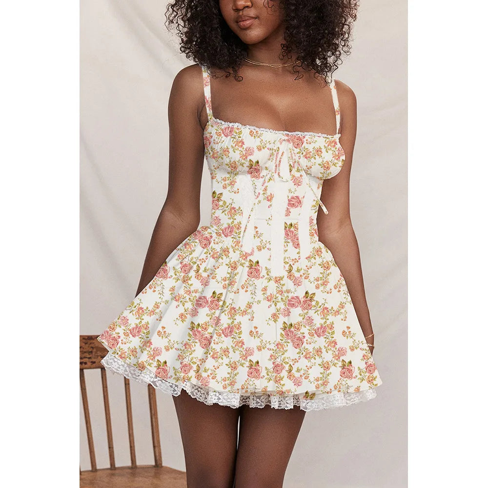 Lace Print Square Neck Backless Mini Party Dress