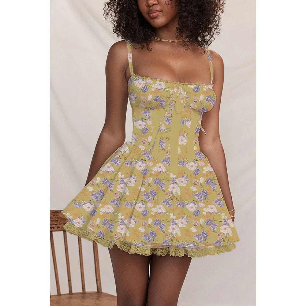 Lace Print Square Neck Backless Mini Party Dress