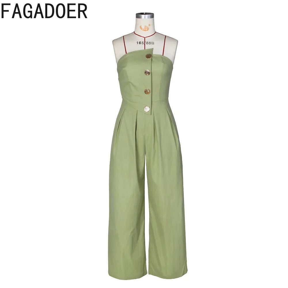 FAGADOER Strapless Patchwork Wide-Leg Jumpsuit