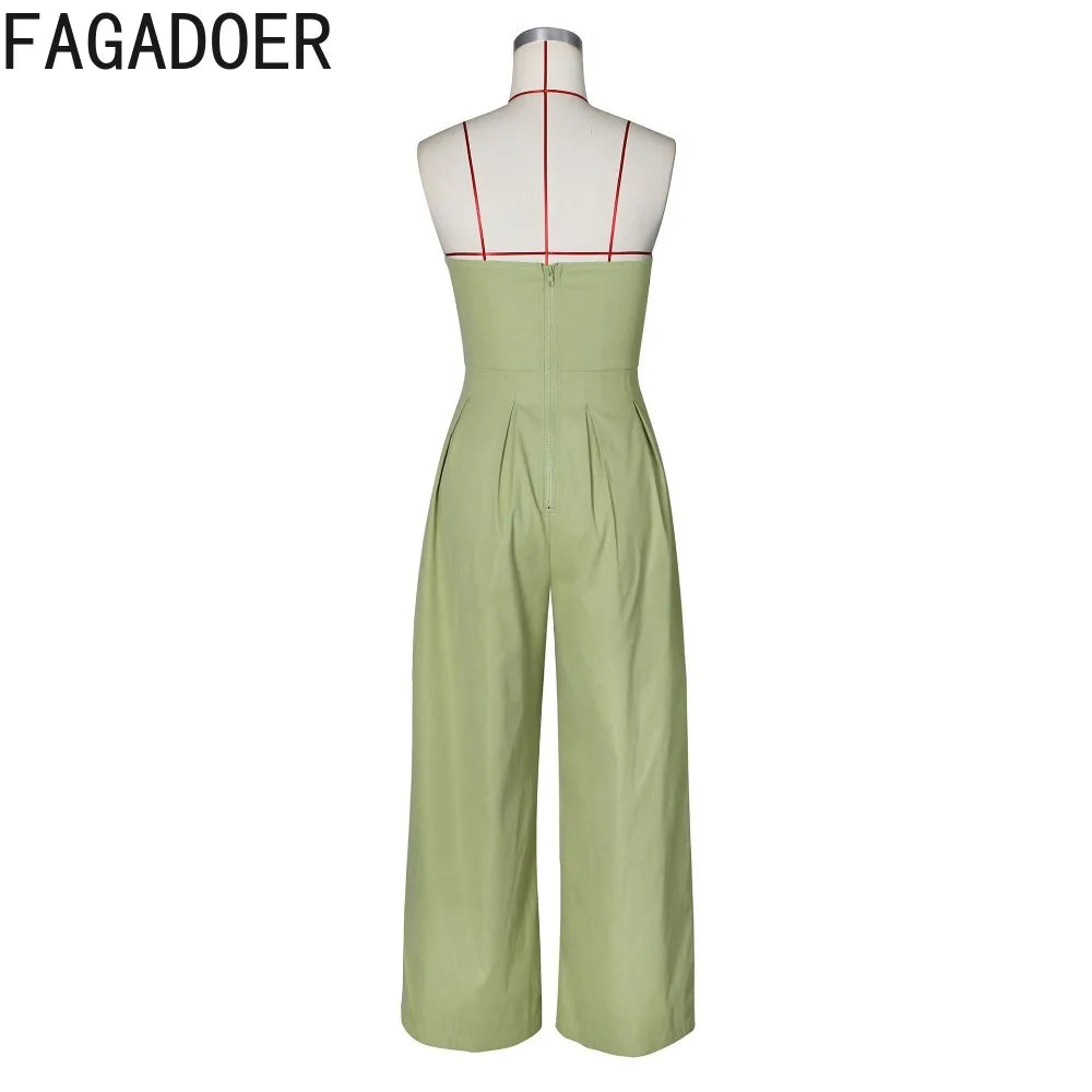 FAGADOER Strapless Patchwork Wide-Leg Jumpsuit