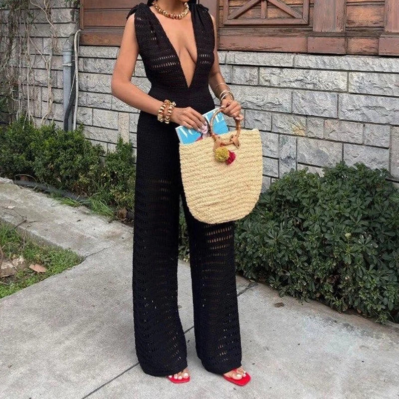 Elegant Knit V-Neck Backless Beach Romper