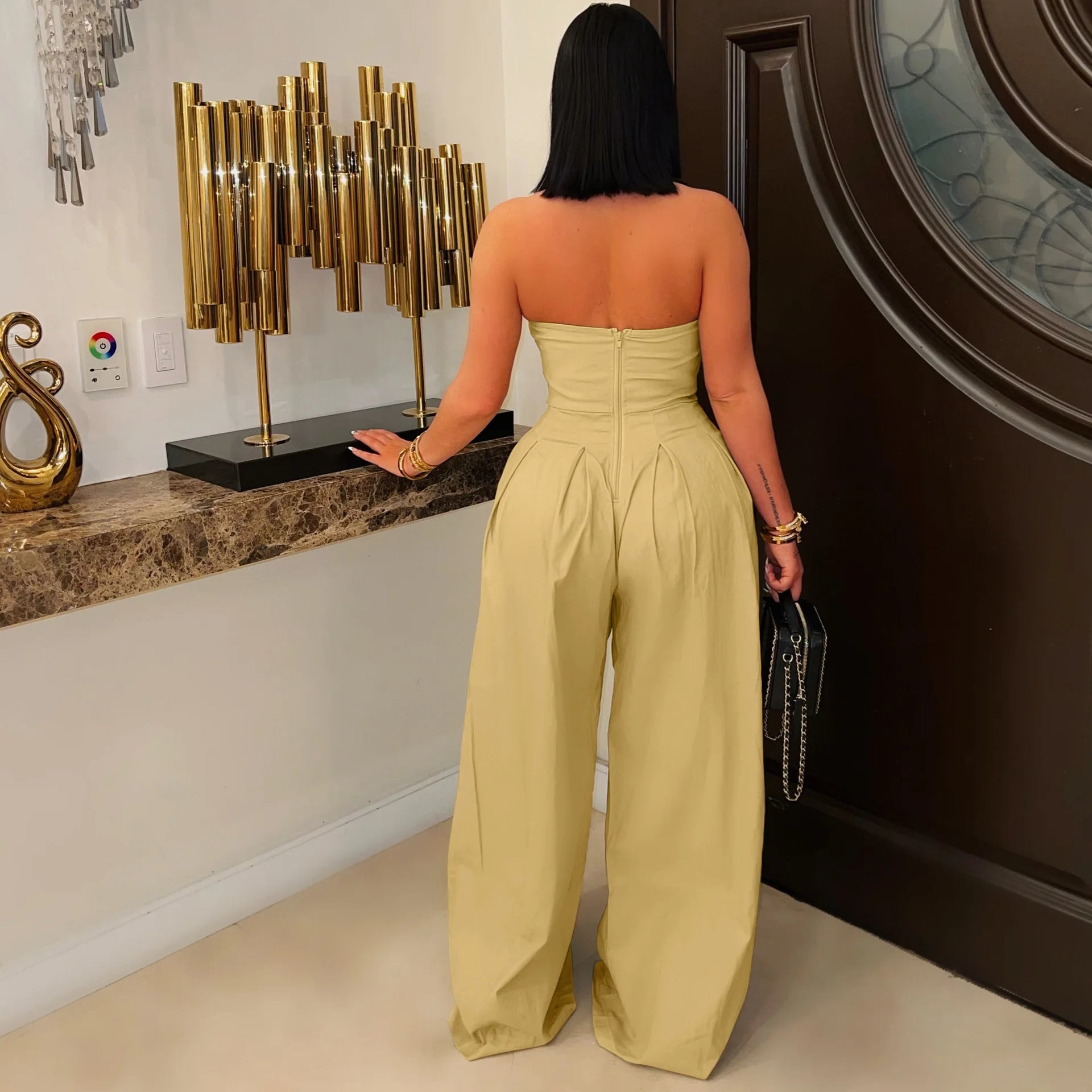 FAGADOER Strapless Patchwork Wide-Leg Jumpsuit