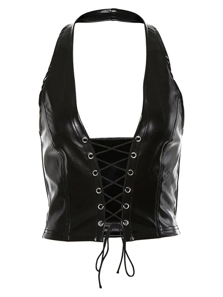 PU Leather Rope Strap Hollow-Out Crop Top