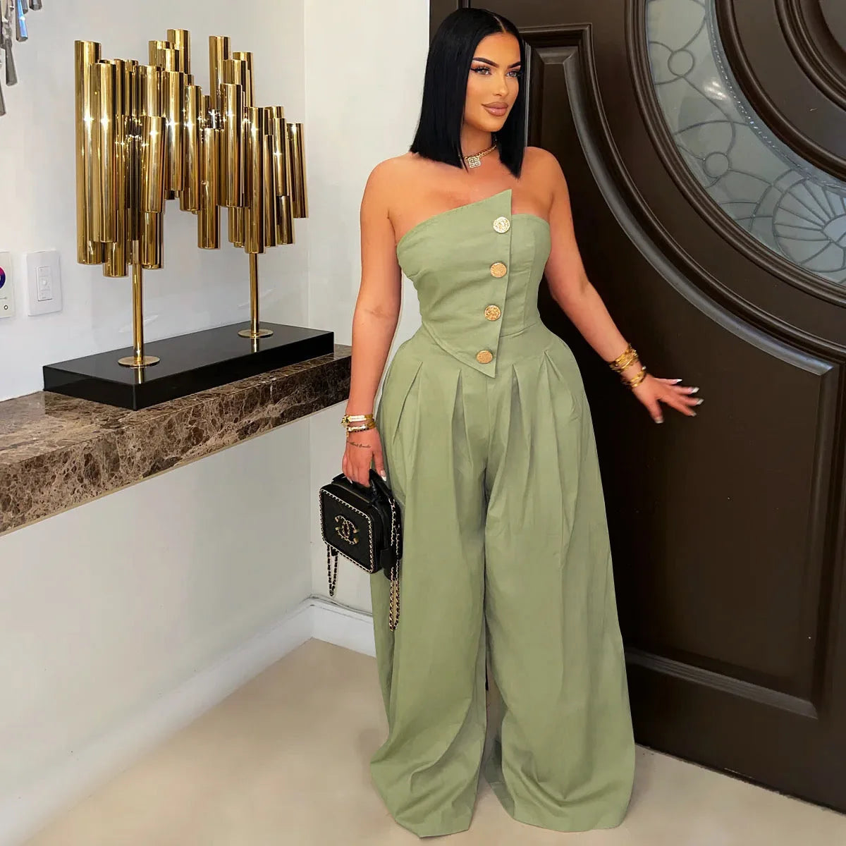FAGADOER Strapless Patchwork Wide-Leg Jumpsuit