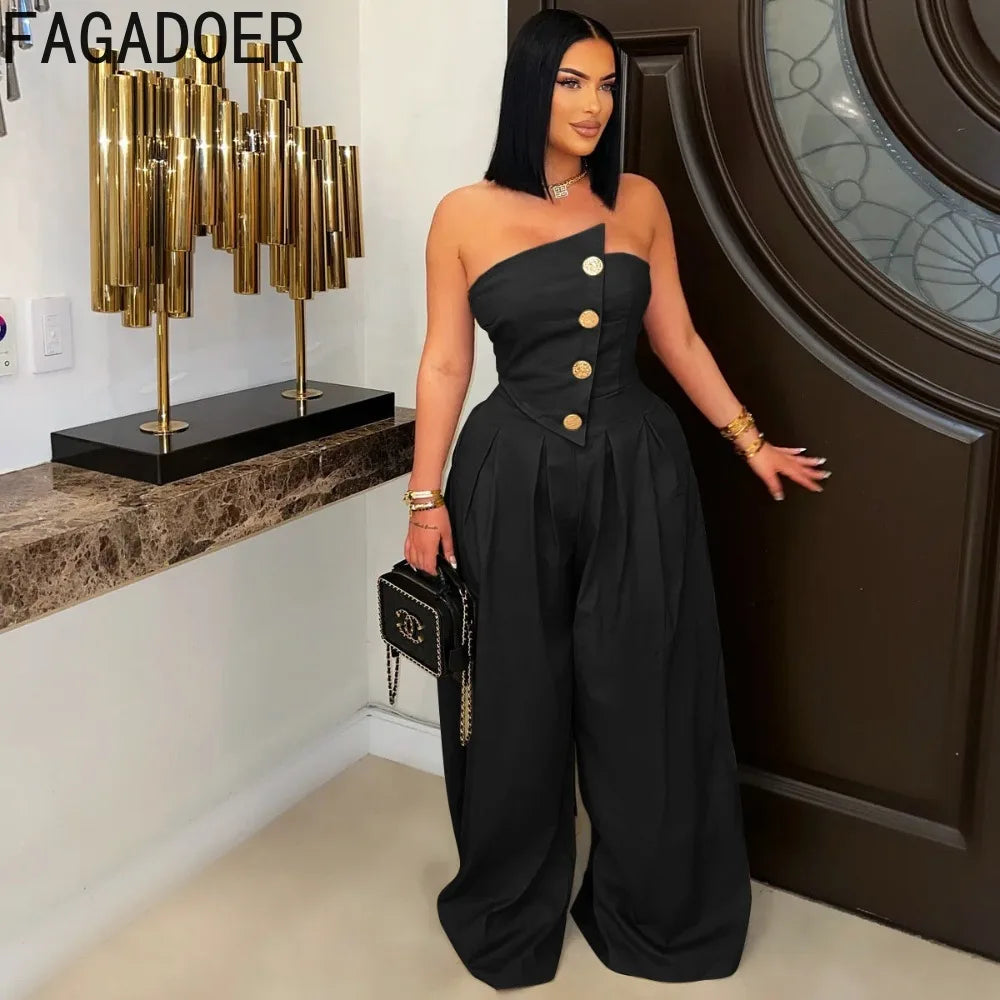 FAGADOER Strapless Patchwork Wide-Leg Jumpsuit