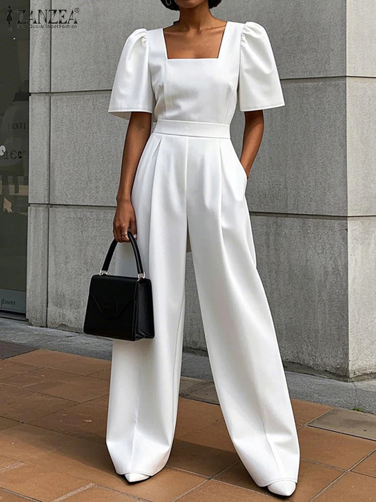 ZANZEA Square Neck Wide-Leg Commute Jumpsuit