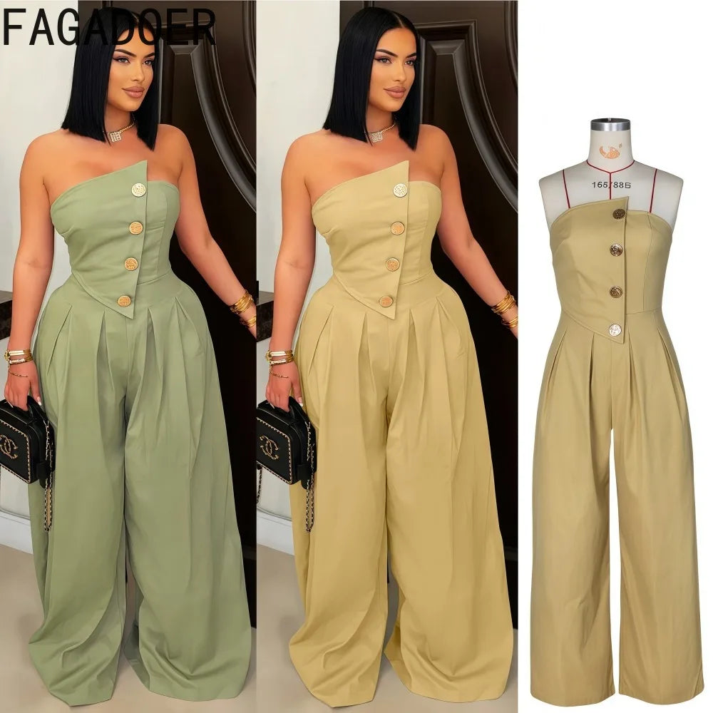 FAGADOER Strapless Patchwork Wide-Leg Jumpsuit