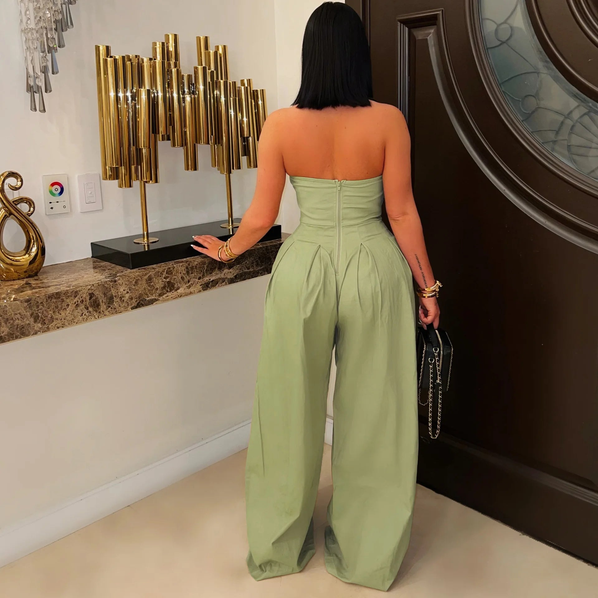 FAGADOER Strapless Patchwork Wide-Leg Jumpsuit